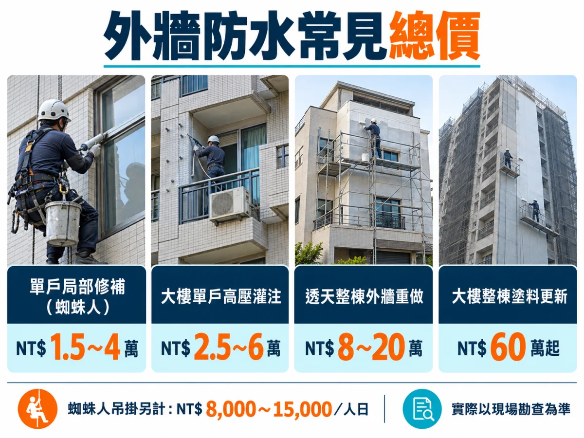 外牆防水費用級距資訊圖：單戶局部修補 1.5 到 4 萬、大樓單戶灌注 2.5 到 6 萬、透天整棟 8 到 20 萬、大樓整棟 60 萬起