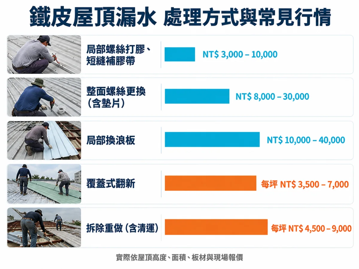 鐵皮屋頂漏水處理方式與常見費用比較資訊圖