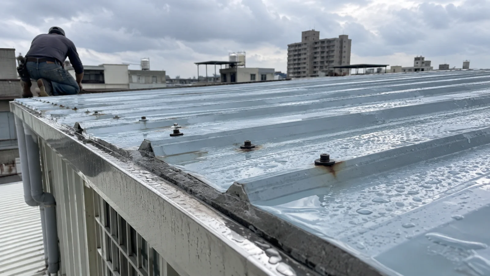 台灣透天厝頂樓鐵皮浪板屋頂，雨後板面有積水痕與螺絲排列