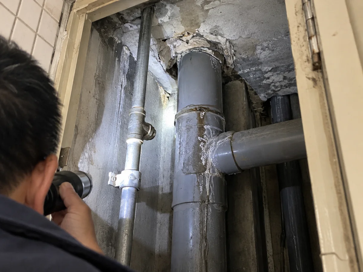 大樓公共走廊打開的管道間鐵門，內部可見灰色排水立管與給水立管、管壁上有水漬