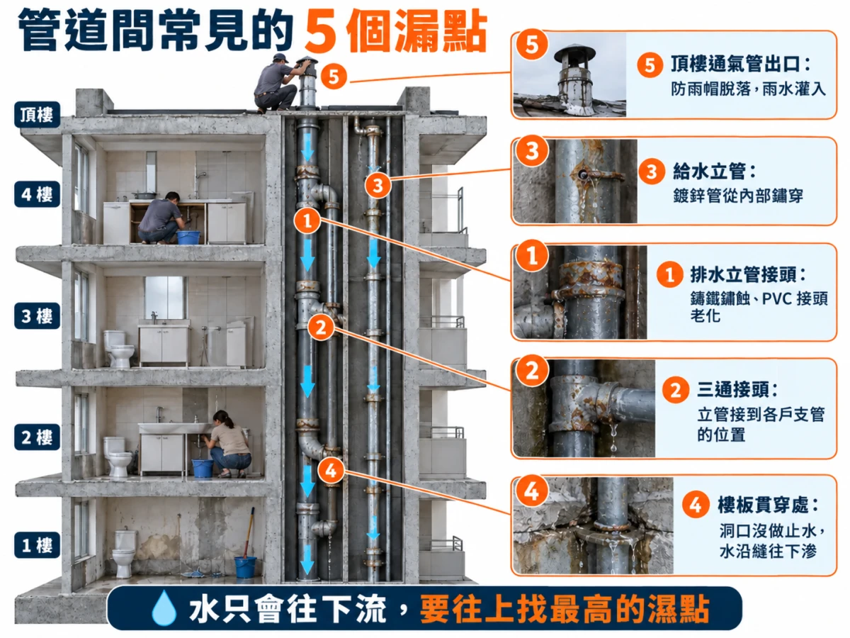資訊圖：大樓管道間剖面，標出排水立管、給水立管、三通接頭、樓板貫穿處、頂樓通氣管出口五個常見漏點