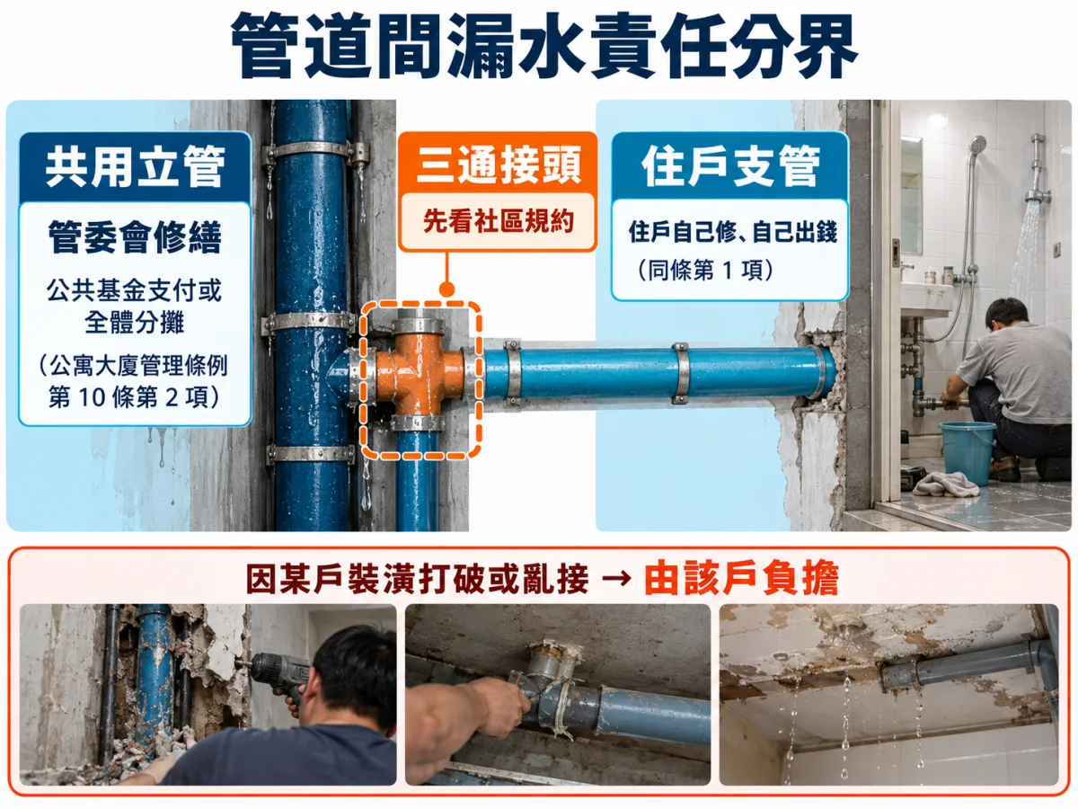 資訊圖：共用立管與住戶支管的責任分界，以三通接頭為界，上方標管委會、下方標住戶