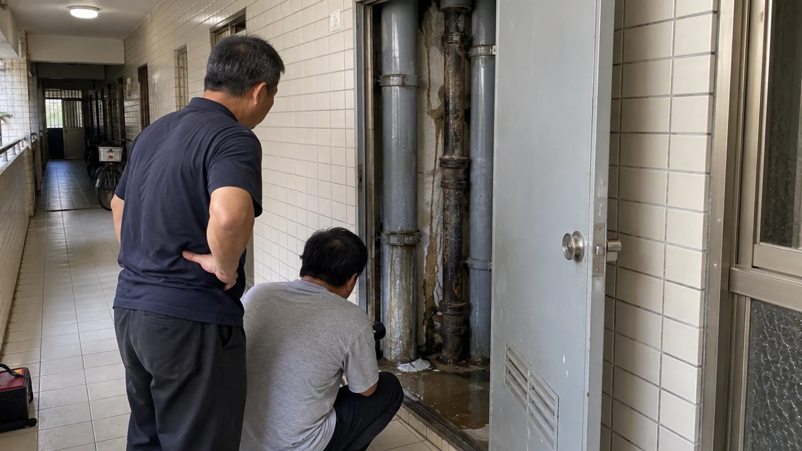 大樓走廊打開的管道間鐵門，內部立管與牆面上有明顯水漬