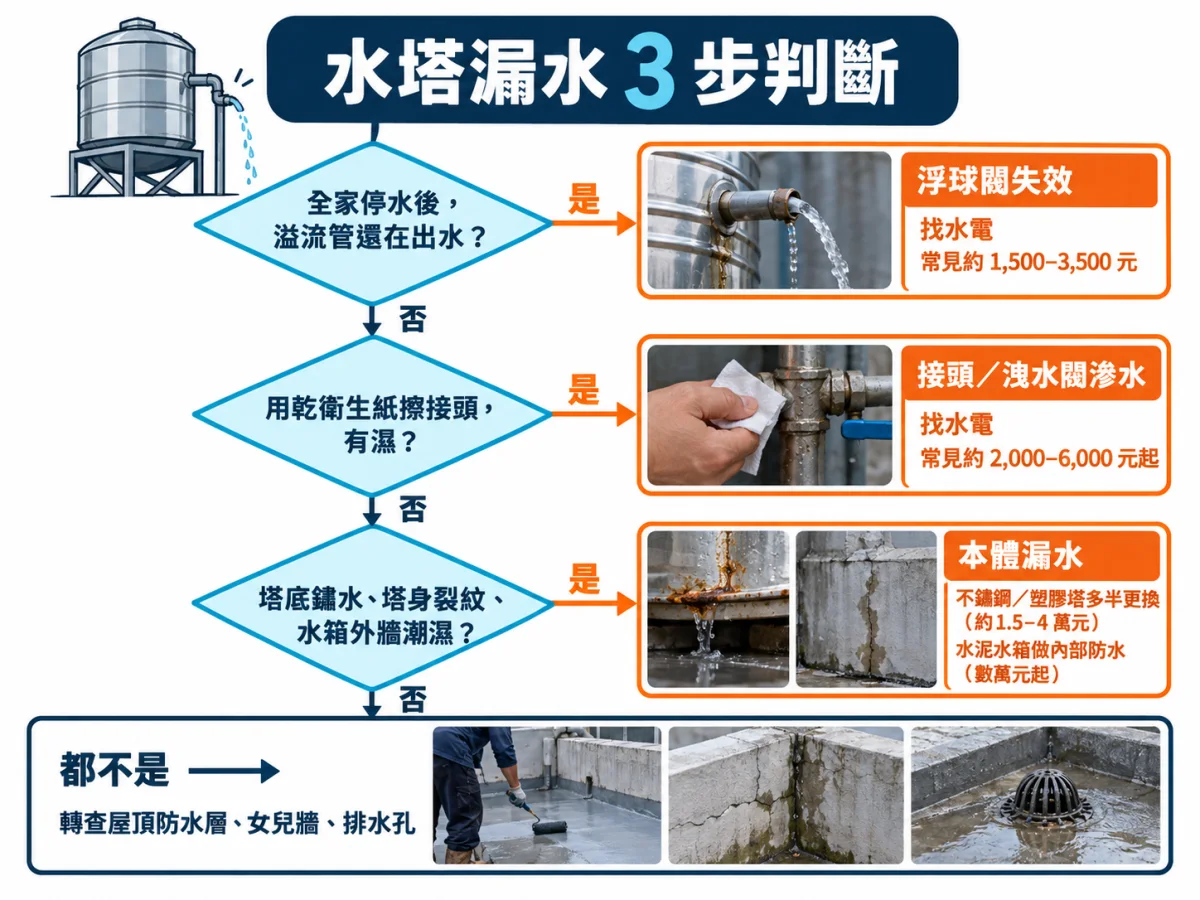 水塔漏水三種來源判斷流程圖，依溢流管出水、接頭滴水、本體滲水分成三條路徑